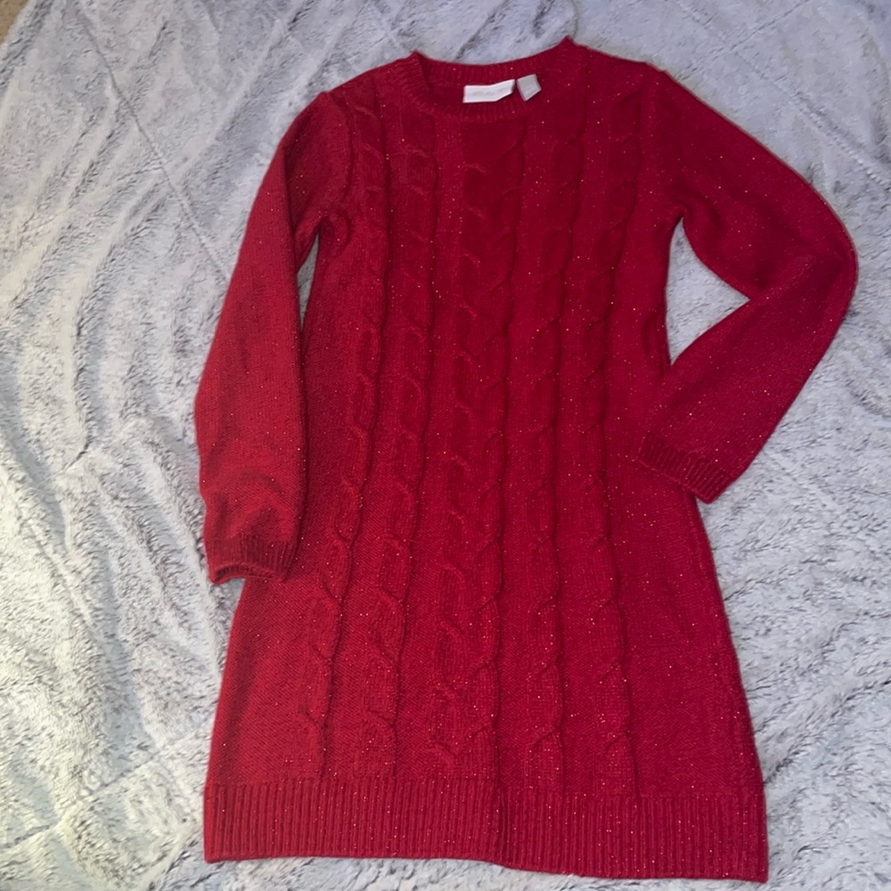 Girls 7/8 Sparkly Red Cable Sweater Dress